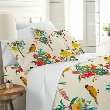INTOMENG Cream Floral Sheets Queen Full Flower Birds Bed Sheets Botanical Branches Patterned Deep Pocket Sheets Set with 2pc Pillowcases, 1pc Flat Sheet,1pc Fitted Sheet Super Soft