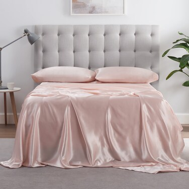 Serta SatinLuxury 4pc Soft Lightweight Deep Pocket Bedding Silky Satin Sheet Set with Pillowcases, King, Blush Pink