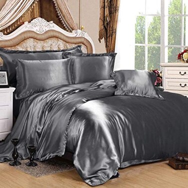 Bedify Bedding 100% Pure Silk Satin Duvet with Fitted Set 4 Pcs Silk Fitted Sheet 15" Deep Pocket Silk Duvet Cover Pillowcases Set Cool Soft Silk Sheets Wrinkle Free Fade Resistant (Full, Dark Grey)
