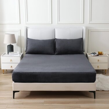 Fleece King Size Sheet Set - Plush Shaggy Velvet Bed Sheets (1 Fitted Sheet &amp; 2 Pillowcases) Double Fluffy Non Pilling Sheets - Ultra-Soft Thick Cozy Warm Bedding - 14" Deep Pocket (Dark Grey)