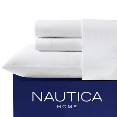 Nautica - Twin XL Sheet Set, Cotton Percale Bedding Set, Crisp &amp; Cool, Dorm Room Essentials (Solid White, Twin XL)