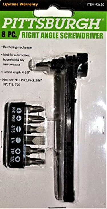 Right Angle Screwdriver, Ratcheting, 7 Hex Bits [PH1, PH2, PH3, 3/16", 1/4" T15 &amp; T20]