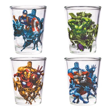 Silver Buffalo Marvel Avengers Featuring Captain America, Hulk, Iron Man, and Thor 4 Pack Mini Glasses, 1.5 Ounces