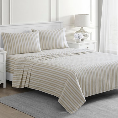 Martha Stewart Elm Stripe 300TC 100% Cotton Percale Sheet Set, Khaki/White, 4 Piece - 1 Flat Sheet, 1 Fitted Sheet, 2 Std Pillowcases, Breathable Cotton Printed Bed Sheets, Queen Size