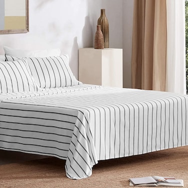 SLEEP ZONE Striped Sheet Set Queen Size 4 Piece - Double Brushed Microfiber Super Soft Breathable Bedding Sheet Deep Pocket 16" (Grey Stripe Printed on White)