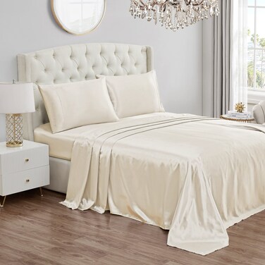 Juicy Couture Twin Size Satin Bed Sheet Set, Deep Pocket Silky Satin Twin Sheet Set with 1 Fitted Sheet, 1 Flat Sheet and 1 Pillow Case, Wrinkle Resistant and Anti Pilling Satin Bed Sheets - Ivory