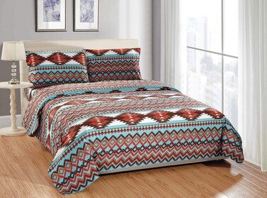 Rugs 4 Less Rustic Southwestern Western Bedsheets Set with Navajo Tribal Native American Patterns in Turquoise Blue and Brown &acirc;&euro;&ldquo; Utah Bed Sheet Set (King, Turquoise)