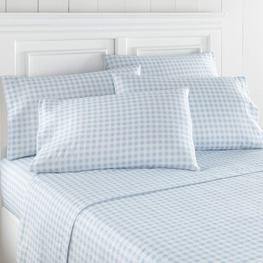 Thermee Seersucker Sheet Set with Extra Pillowcases, Twin 4-Piece, Cool Breathable Bedding, Fitted and Flat Sheet, Machine Wash/Dry, Blue Check