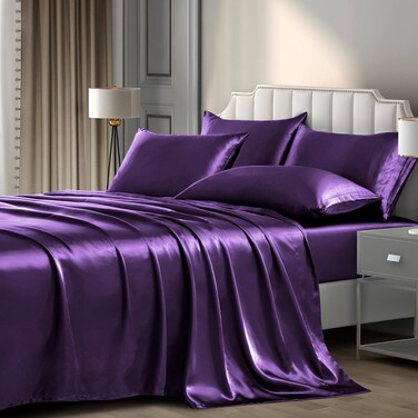 P Pothuiny 6 Pieces Queen Satin Sheets Luxury Purple Satin Bedding Sheet Set, 1 Deep Pocket Fitted Sheet + 1 Flat Sheet + 4 Pillow Cases