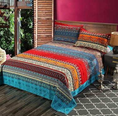 HNNSI 3 Pieces Exotic Striped Bohemia Flat Sheet with Pillow Shams,100% Sanded Cotton Thick Boho Bedding Sets Queen Size&acirc;&euro;&brvbar;