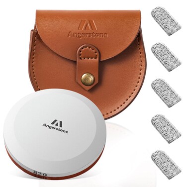 Angerstone Axe Sharpener - 3.8&acirc;&euro;Oversized Axe/Hatchet Sharpening Stone - Whetstone Blade &amp; Tool Sharpener, Dual Grit 180/320 Sharpening Puck with cowhide Sheath for Bushcraft, Camping and Field Use