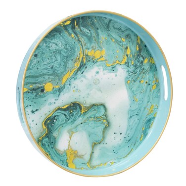 MAONAME Turquoise Decorative Tray for Coffee Table, 13" Modern Marbling Serving Tray with Handles, Plastic Round Tray for Ottoman, Bathroom, Storage