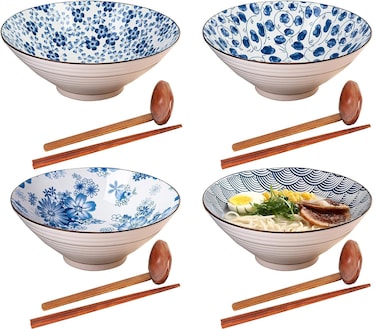 WEUNUM Ceramic Japanese Ramen Bowl,60 Ounce Large with Matching Spoon and Chopsticks for Salad Soup Udon Pho Asian Noodles,Set of 4,Assorted Patterns