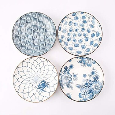 YALONG Ceramic Japanese Dinner Plates Set 7 Inch Appetizer Shallow Plates Serving Lunches, Cheese Salad, Dessert Set of 4 Assorted Motifs Microwave &amp; Dishwasher Safe