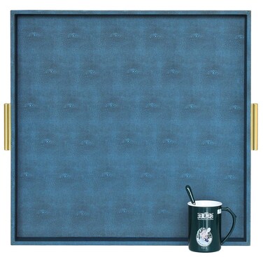 HofferRuffer Extra Large Square Serving Tray, Elegant Faux Leather Ottoman Tray with Gold Hardware Handles, Serve Tea, Coffee or Breakfast in Bed, 24 x 24 inches (Navy Blue Shagreen)