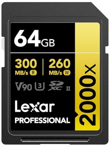 Lexar 64GB Professional 2000x SDXC Memory Card, UHS-II, C10, U3, V90, Full-HD &amp; 8K Video, Up To 300MB/s Read, for DSLR, Cinema-Quality Video Cameras (LSD2000064G-BNNNU)