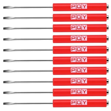 PQY 10pcs Mini Tops And Pocket Clips Pocket Screwdriver Strong Magnetic Slotted Screwdriver Red