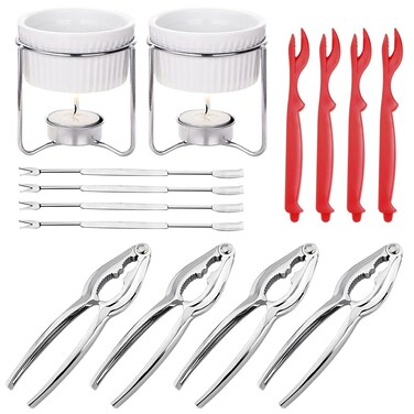 Crab Crackers and Tools set of 4, 14 PCS Lobster Crackers and Picks Set with 4 Crab Leg Crackers, 4 Crab Forks, 4 Lobster Shellers, 2 Butter Warmers