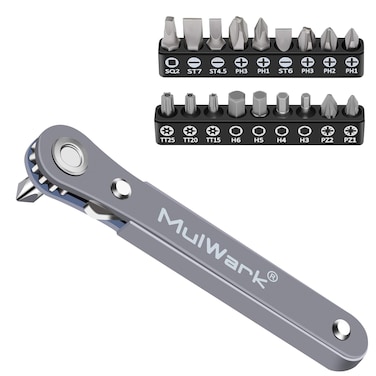 MULWARK 20pc 1/4 Ultra Low Profile Mini Ratchet Wrench Close Quarters Screwdriver Set with High Torque - Right Angle EDC Tool with 90 Degree Mini Offset Reversible Drive Handle &amp; Multi Hex Bits Set