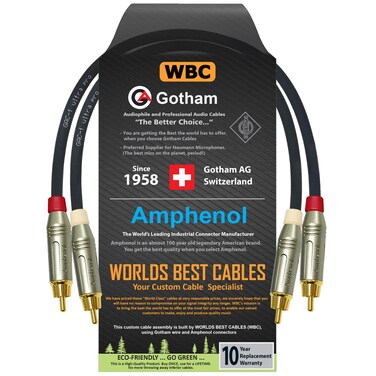 1.5 Foot RCA Cable Pair - Gotham GAC-1 Ultra Pro - Low-Cap (21pF/ft) Audio Interconnect Cable with Amphenol ACPR Die-Cast, Gold Plated RCA Connectors