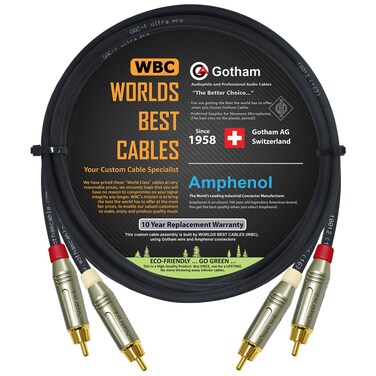4.5 Foot RCA Cable Pair - Gotham GAC-1 Ultra Pro - Low-Cap (21pF/ft) Audio Interconnect Cable with Amphenol ACPR Die-Cast, Gold Plated RCA Connectors