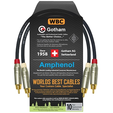 0.5 Foot RCA Cable Pair - Gotham GAC-1 Ultra Pro - Low-Cap (21pF/ft) Audio Interconnect Cable with Amphenol ACPR Die-Cast, Gold Plated RCA Connectors