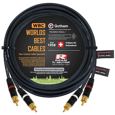 16 Foot RCA Cable Pair - Gotham GAC-4/1 (Black) Star-Quad Audio Interconnect Cable with Neutrik-Rean NYS Gold RCA Connectors - Directional