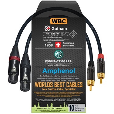 WORLDS BEST CABLES 0.5 Foot - RCA to XLR (Female) Cable Pair &acirc;&euro;&ldquo; Gotham GAC-4/1 (Black) Star-Quad Audio Interconnect Cable &amp; Amphenol ACPL RCA &amp; Neutrik Female XLR Gold Plugs - Custom Made