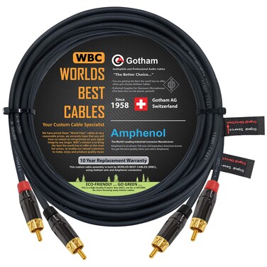 16 Foot RCA Cable Pair - Gotham GAC-4/1 (Black) Star-Quad Audio Interconnect Cable with Amphenol ACPL Black Chrome Body, Gold Plated RCA Connectors - Directional