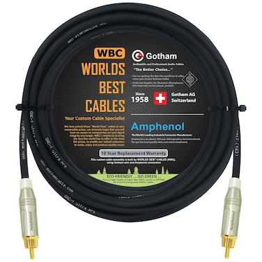 100 Foot - Gotham GAC-1 Ultra Pro - Low-Cap (21pF/ft) Center-Channel Subwoofer Cable with Amphenol ACPR-SWH Die-Cast, Gold Plated RCA Connectors