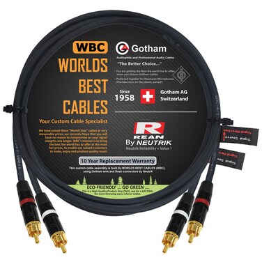 5 Foot RCA Cable Pair - Gotham GAC-4/1 (Black) Star-Quad Audio Interconnect Cable with Neutrik-Rean NYS Gold RCA Connectors - Directional
