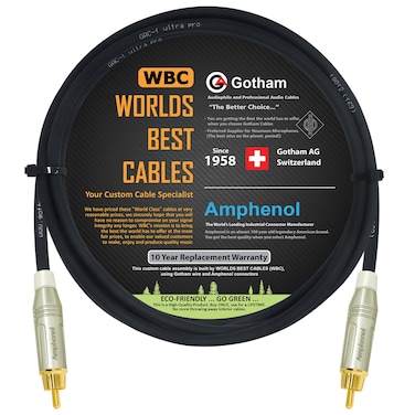 6 Foot - Gotham GAC-1 Ultra Pro - Low-Cap (21pF/ft) Center-Channel Subwoofer Cable with Amphenol ACPR-SWH Die-Cast, Gold Plated RCA Connectors