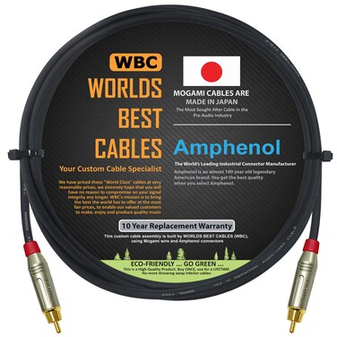WORLDS BEST CABLES 6 Foot &acirc;&euro;&ldquo; High-Def. Mono-RCA, S/PDIF, Sub - Woofer Cable Custom Made Using Mogami 2964 Wire and Amphenol ACPR-SRD Die-Cast, Gold Plated RCA Connectors