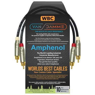 WORLDS BEST CABLES 1 Foot - RCA Cable Pair Custom Made Made Using Van Damme Pro Grade Classic XKE Instrument (Jet Black) Wire &amp; Amphenol ACPR Die-Cast, Gold Plated RCA Connectors