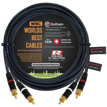 50 Foot RCA Cable Pair - Gotham GAC-4/1 (Black) Star-Quad Audio Interconnect Cable with Neutrik-Rean NYS Gold RCA Connectors - Directional