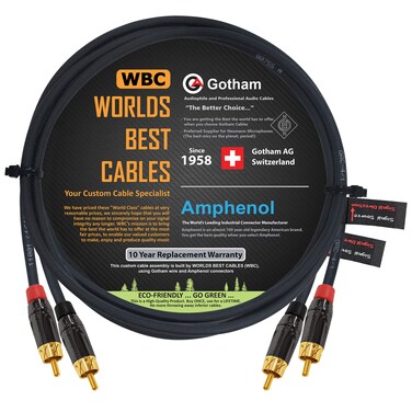 4 Foot RCA Cable Pair - Gotham GAC-4/1 (Black) Star-Quad Audio Interconnect Cable with Amphenol ACPL Black Chrome Body, Gold Plated RCA Connectors - Directional