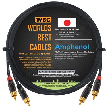 WORLDS BEST CABLES 2.5 Foot &acirc;&euro;&ldquo; High-Definition Audio Interconnect Cable Pair Custom Made Using Mogami 2964 Wire and Amphenol ACPL Black Chrome Body, Gold Plated RCA Connectors