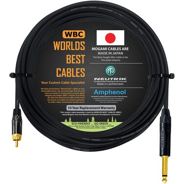 WORLDS BEST CABLES 30 Foot &acirc;&euro;&ldquo; TS to RCA Cable &acirc;&euro;&ldquo; Mogami 2964 Audio Interconnect Cable &amp; Neutrik NP2X-B &amp; Amphenol ACPL-CBK Gold Plugs - Custom Made