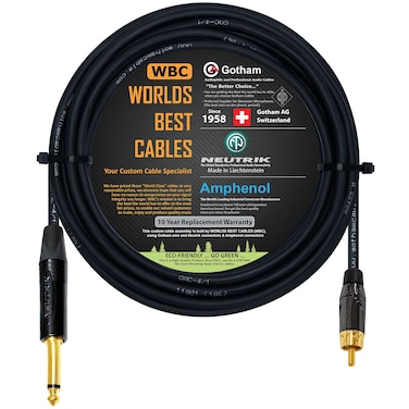 WORLDS BEST CABLES 25 Foot &acirc;&euro;&ldquo; TS to RCA Cable &acirc;&euro;&ldquo; Gotham GAC-4/1 (Black) Star-Quad Audio Interconnect Cable &amp; Neutrik NP2X-B &amp; Amphenol ACPL-CBK Gold Plugs - Custom Made