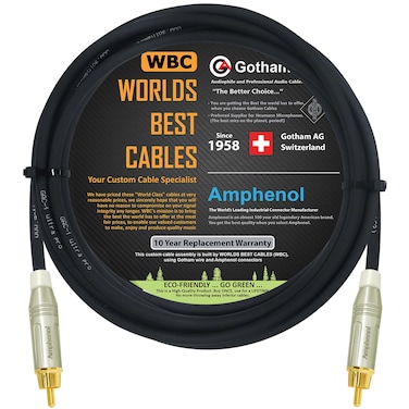 12 Foot - Gotham GAC-1 Ultra Pro - Low-Cap (21pF/ft) Center-Channel Subwoofer Cable with Amphenol ACPR-SWH Die-Cast, Gold Plated RCA Connectors