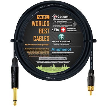 WORLDS BEST CABLES 15 Foot &acirc;&euro;&ldquo; TS to RCA Cable &acirc;&euro;&ldquo; Gotham GAC-4/1 (Black) Star-Quad Audio Interconnect Cable &amp; Neutrik NP2X-B &amp; Amphenol ACPL-CBK Gold Plugs - Custom Made