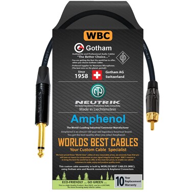 WORLDS BEST CABLES 1 Foot &acirc;&euro;&ldquo; TS to RCA Cable &acirc;&euro;&ldquo; Gotham GAC-4/1 (Black) Star-Quad Audio Interconnect Cable &amp; Neutrik NP2X-B &amp; Amphenol ACPL-CBK Gold Plugs - Custom Made