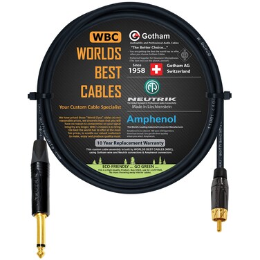 WORLDS BEST CABLES 6 Foot &acirc;&euro;&ldquo; TS to RCA Cable &acirc;&euro;&ldquo; Gotham GAC-4/1 (Black) Star-Quad Audio Interconnect Cable &amp; Neutrik NP2X-B &amp; Amphenol ACPL-CBK Gold Plugs - Custom Made