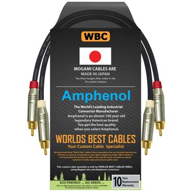 WORLDS BEST CABLES - 1 Foot - High-Definition Audio Interconnect Cable Pair Custom Made Using Mogami 2964 Wire and Amphenol ACPR Die-Cast, Gold Plated RCA Connectors