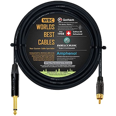 WORLDS BEST CABLES 20 Foot &acirc;&euro;&ldquo; TS to RCA Cable &acirc;&euro;&ldquo; Gotham GAC-4/1 (Black) Star-Quad Audio Interconnect Cable &amp; Neutrik NP2X-B &amp; Amphenol ACPL-CBK Gold Plugs - Custom Made