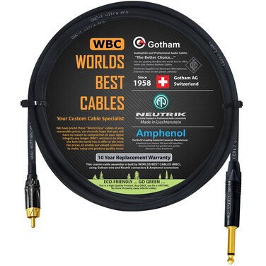 WORLDS BEST CABLES 2 Foot &acirc;&euro;&ldquo; TS to RCA Cable &acirc;&euro;&ldquo; Gotham GAC-1 Ultra Pro Low- Capacitance Instrument Cable &amp; Neutrik NP2X-B &amp; Amphenol ACPL-CBK Gold Plugs - Custom Made