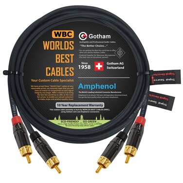 8 Foot RCA Cable Pair - Gotham GAC-4/1 (Black) Star-Quad Audio Interconnect Cable with Amphenol ACPL Black Chrome Body, Gold Plated RCA Connectors - Directional