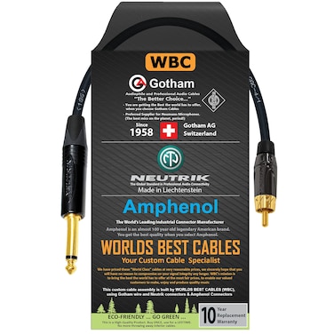 WORLDS BEST CABLES 0.5 Foot &acirc;&euro;&ldquo; TS to RCA Cable &acirc;&euro;&ldquo; Gotham GAC-4/1 (Black) Star-Quad Audio Interconnect Cable &amp; Neutrik NP2X-B &amp; Amphenol ACPL-CBK Gold Plugs - Custom Made