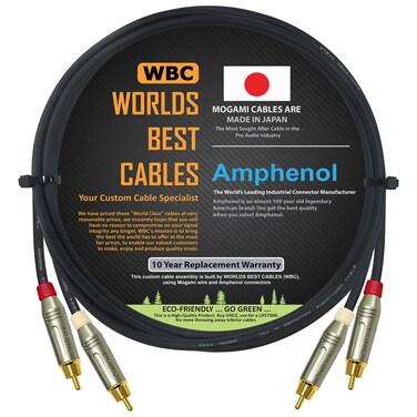 WORLDS BEST CABLES 5 Foot &acirc;&euro;&ldquo; High-Definition Audio Interconnect Cable Pair Custom Made Using Mogami 2964 Wire and Amphenol ACPR Die-Cast, Gold Plated RCA Connectors