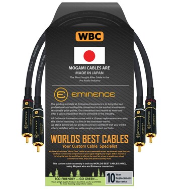 WORLDS BEST CABLES 0.5 Foot &acirc;&euro;&ldquo; High-Definition Audio Interconnect Cable Pair Custom Made Using Mogami 2964 Wire and Eminence Gold Locking RCA Connectors
